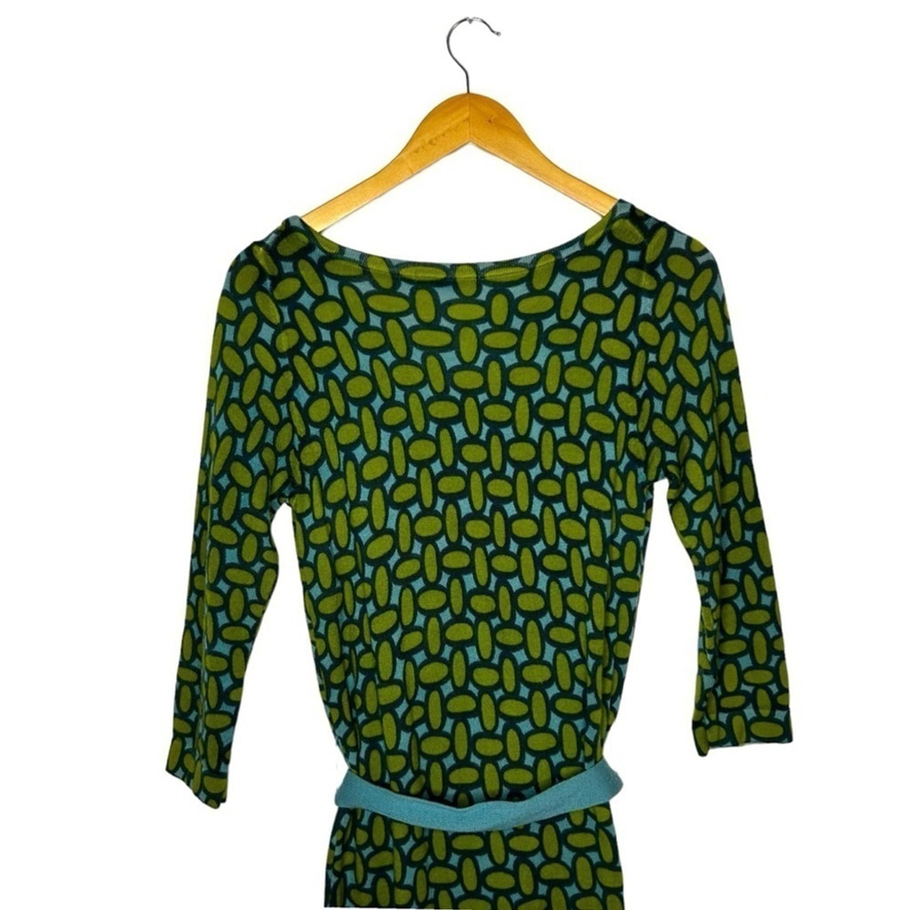 Boden Retro Green Blue Long Sleeve 100% Wool Art Deco Print MIDI Dress Size 4 - Picture 11 of 16
